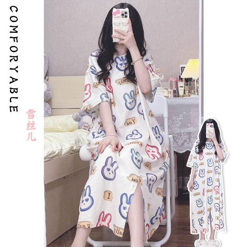 Net Red Rabbit Sleeping Dress Woman Summer Thin pure cotton short sleeve loose increase code one-piece pyjamas pregnant woman's home clothes all cotton-Taobao