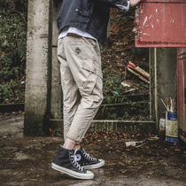 LMTNZD spring and summer overalls mens Khaki loose straight tube Japanese slim small feet trend casual pants