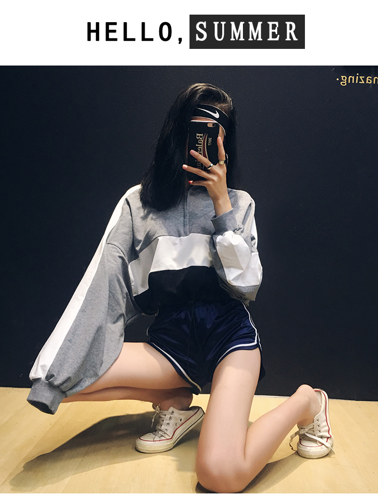 Eo ngắn lộ rốn áo len dài tay nữ mùa thu hip-hop hiphop Phong cách Harajuku lỏng nửa cổ áo sơ mi in triều áo len lông cừu