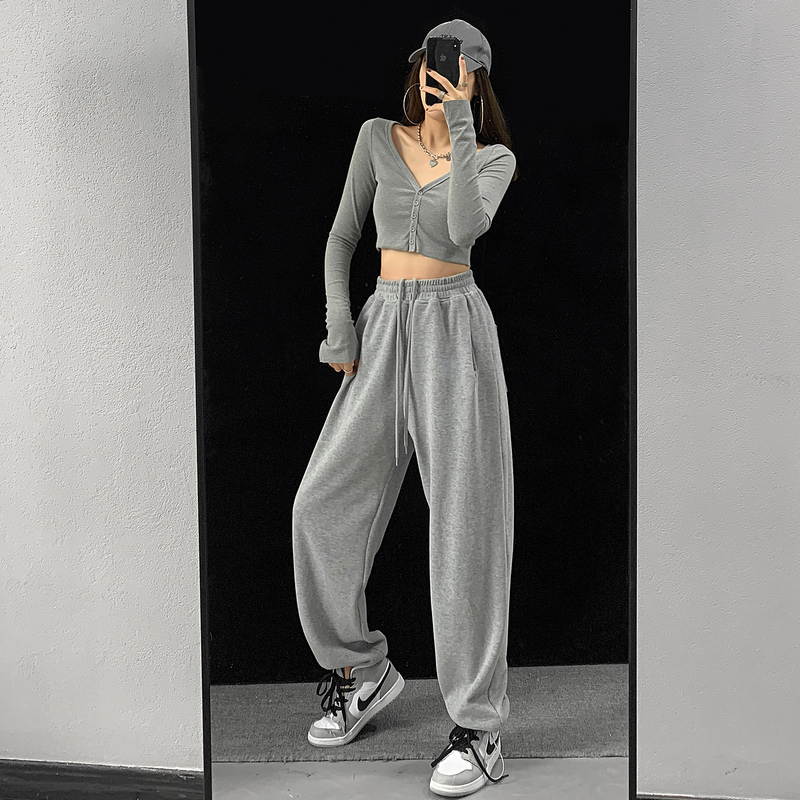 Gray Sweatpants for Women, Loose Straight-Leg Wide-Leg Joggers, Versatile Spring Drapey Drawstring Casual Fleece-Lined Cuffed Pants, Trendy