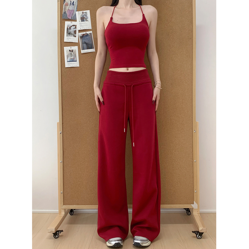 Stand Out in Style! Red Comfortable Wide-Waisted Drapey Floor-Length Sweatpants for Women, Autumn and Winter High-Waisted, Body-Covering Wide-Leg Sports Pants