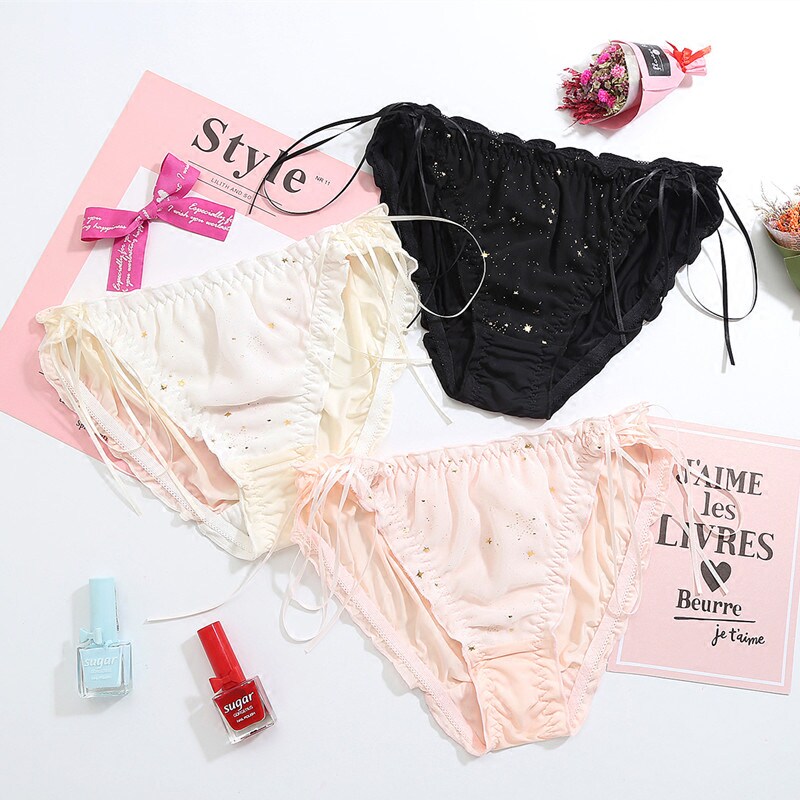 Double tassel bow sexy low waist ice silk women's panties hot gold star point soft milk silk girl briefs