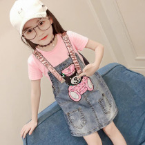 Girls denim suit Summer 2021 Korean childrens sundress two-piece Western style fashionable girl short-sleeved tide suit