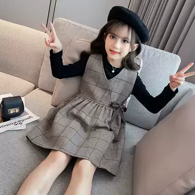 Girls Set Korean version of foreign style fashion autumn 2021 New British children's T-shirt vest dress two-piece woolen