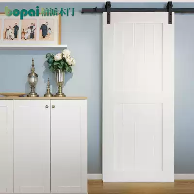 Customized solid wood American barn door sliding door single rail crane trip kitchen dressing room paint push pull warehouse Valley door manufacturers
