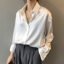 Acetic silk satin white shirt female 2021 Spring and Autumn new design sense niche French top long sleeve shirt