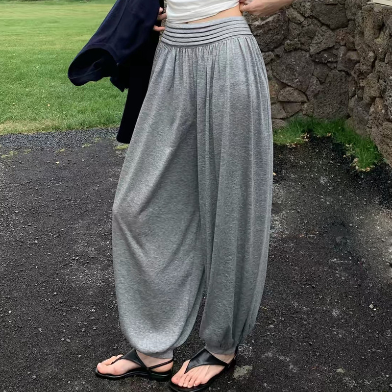 Modal Cropped Lantern Pants for Women, Summer Thin Style, Drapey Floral Pants, Loose Wide-Leg Pants, Petite Jogger Casual Pants