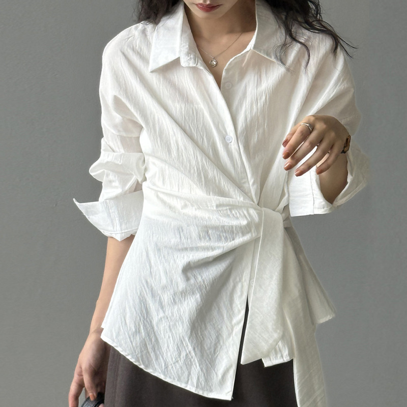 Tencel White Shirt for Women, Autumn Design, High-End Elegant Style, Waist-Cinching Tie, Slimming Long-Sleeve French-Style Chic Top Tencel White Shirt for Women, Autumn Design, High-End Elegant Style, Waist-Cinching Tie, Slimming Long-Sleeve French-Style Chic Top