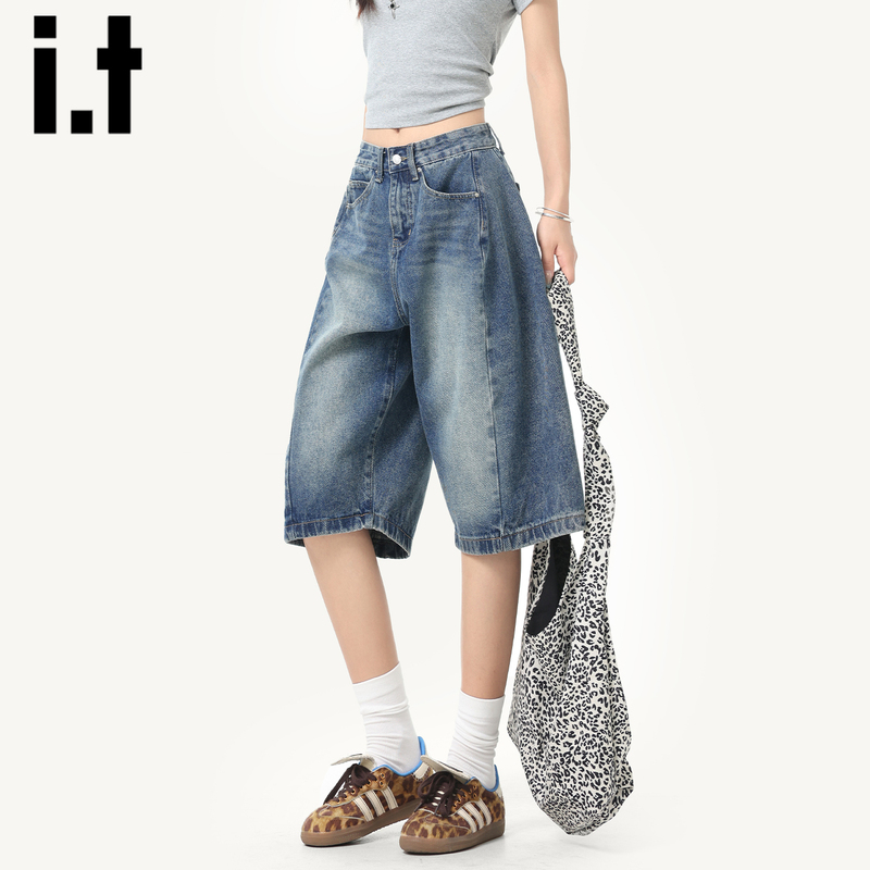 It:Chocoolate Retro Denim Shorts for Women, Summer 2026 New Style, Mid-Length Pants, American-Style Scimitar Wide-Leg Five-Point Pants
