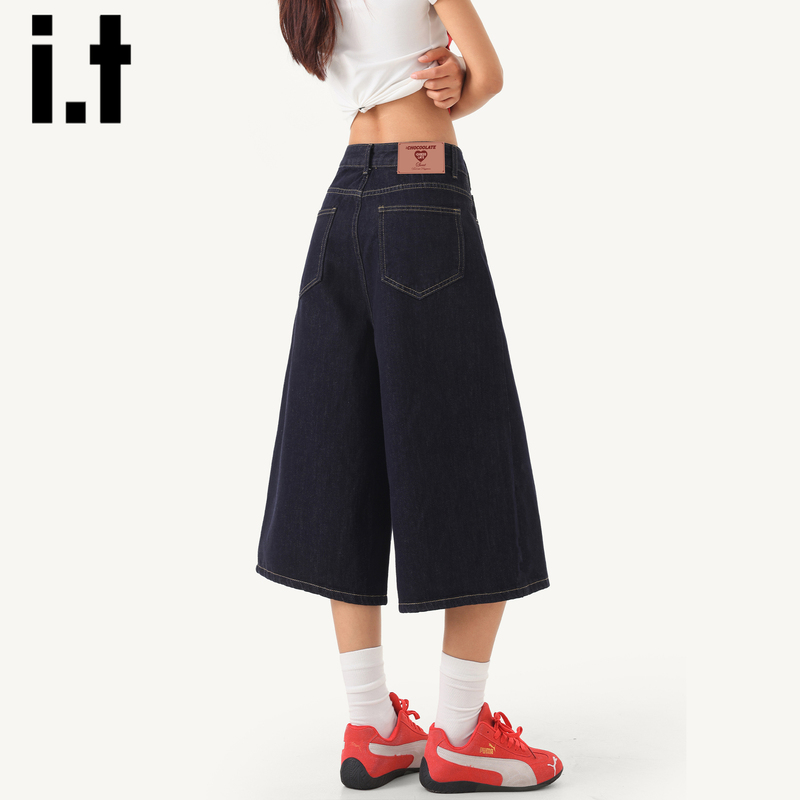 It:Chocoolate American-Style Dark Blue Jeans for Women 2026 New Summer Mid-Length Pants Original Color Wide-Leg Cropped Pants