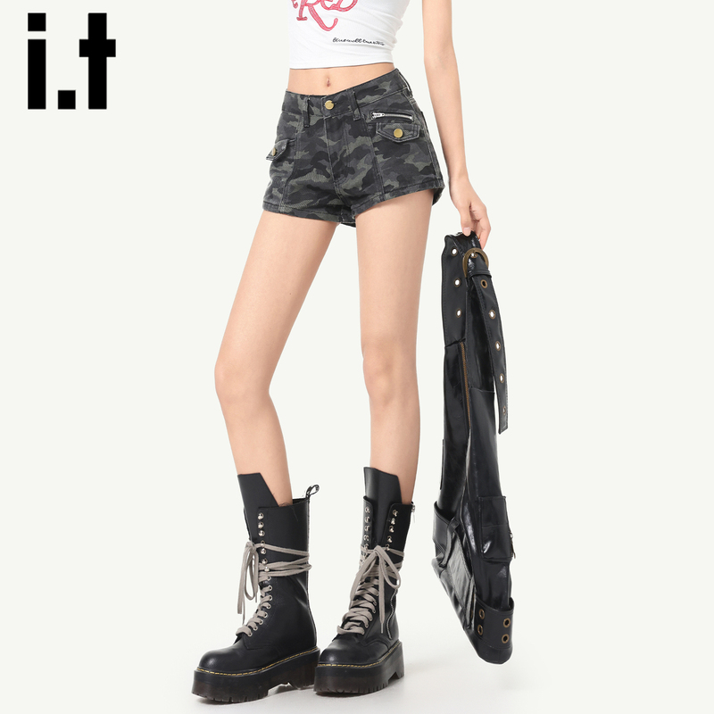 It:Chocoolate Gray Camouflage Denim Shorts for Women 2026 New Summer Low-Waist Hot Girl Workwear Hot Pants
