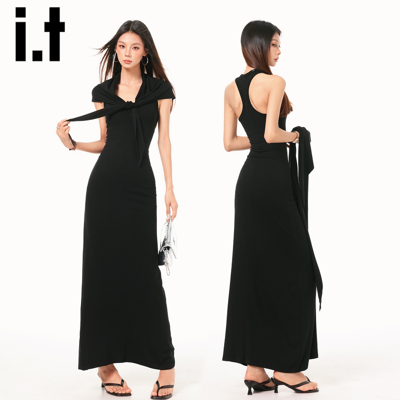 Chocoolate Black Vest Dress for Women 2026 New Summer Style Waist-Cinching Slim U-Neck Slimming Long Dress