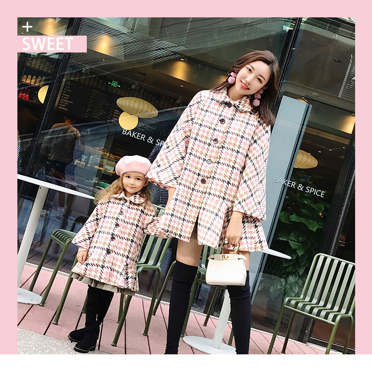 Tăng đột biến! AM Sauce Mom Family 2018 Thu và Đông Houndstooth Váy công chúa Gói gia đình Áo khoác dày Áo khoác nữ quần gia đình