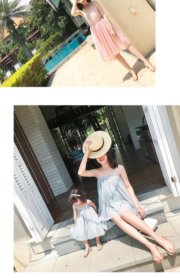 AM Sauce Mom Family Mùa xuân và mùa hè mới mặc hai ngày lễ đi biển lưới cha mẹ mặc con gái váy nữ váy áo thun đẹp cho cả nhà
