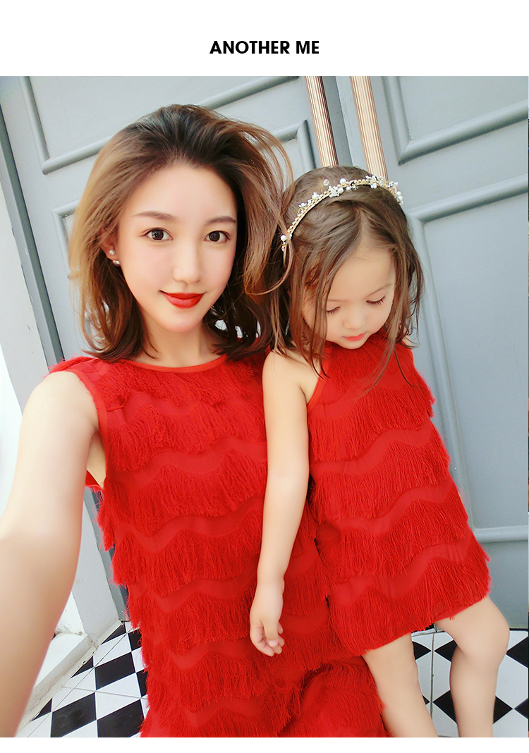 AM Sauce Mom Beauty! Váy tua rua màu đỏ mới 2018 được gia đình trang bị cho bé gái mùa hè áo váy gia đình