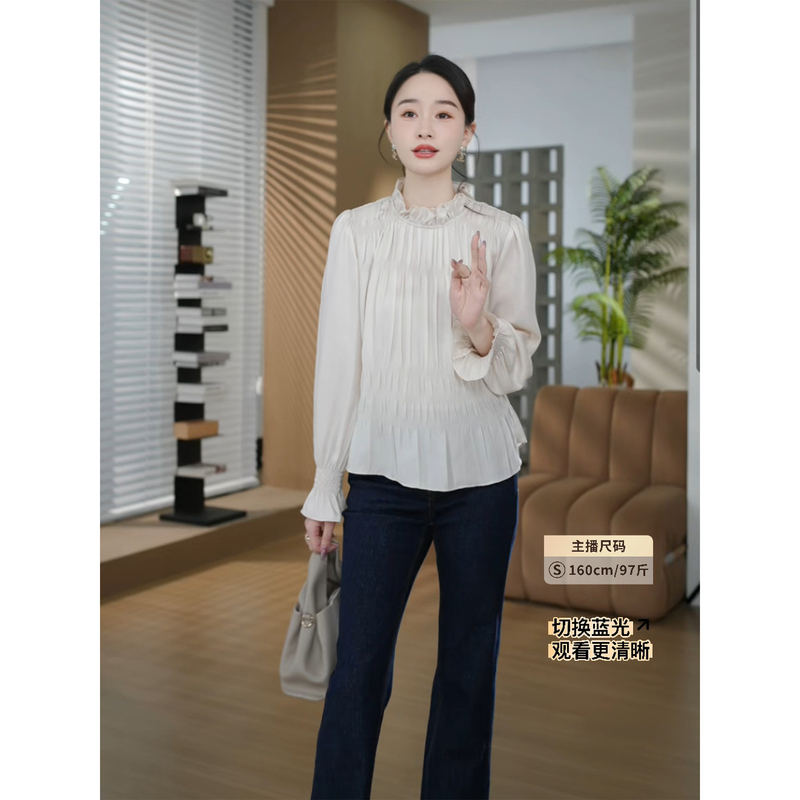 Qiu Yingying Helaaomi “Water Light Shirt” Layered Ruched Embroidered Elegant Stand-Up Collar Lace Shirt