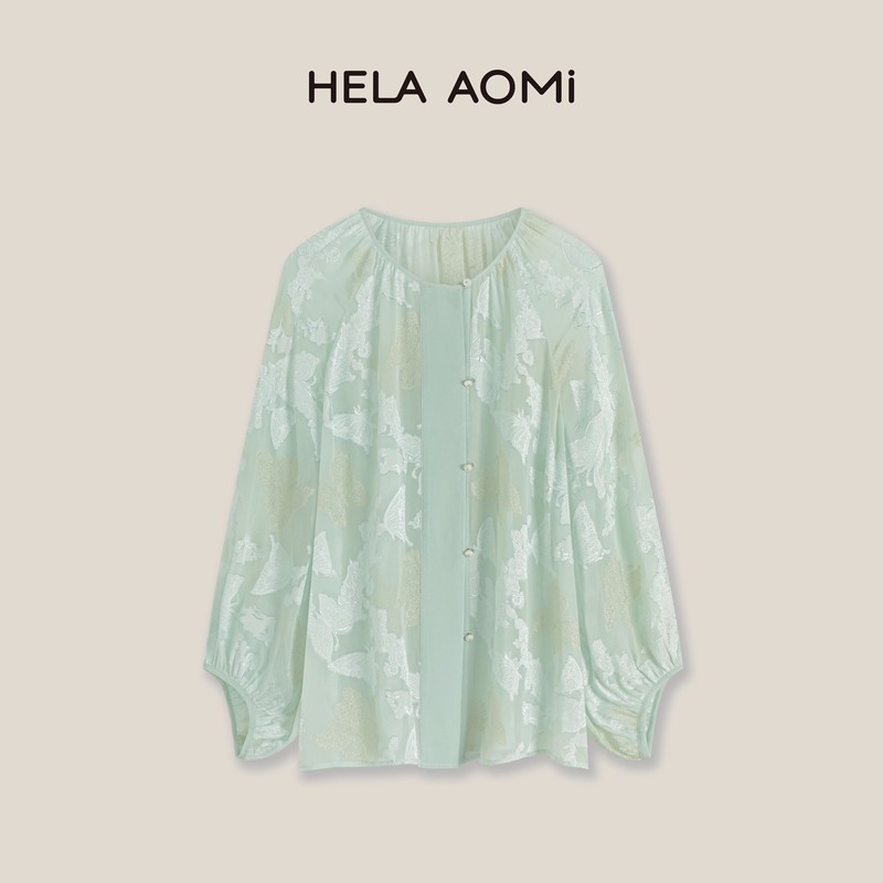 Qiu Yingying Hela Aomi “Lake Water Butterfly” 100% Mulberry Silk Loose Fit Lantern Sleeve Shirt