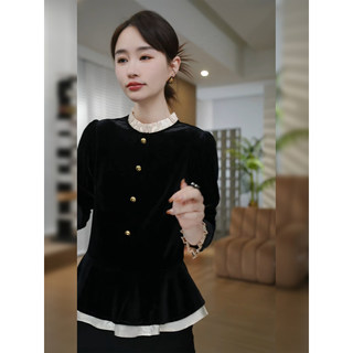 Qiu yingying hela aomi mrs. hepburn french style fake two-piece round neck velvet top