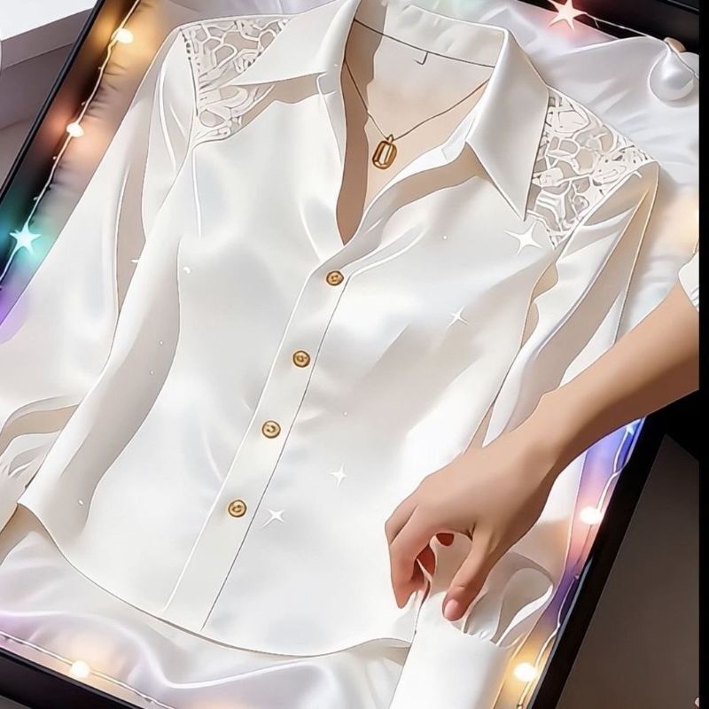 Chiffon Blouse for Women, Autumn 2026 New Style, High-End White Long-Sleeve Women's Shirt, Very Beautiful Lace Blouse for Moms