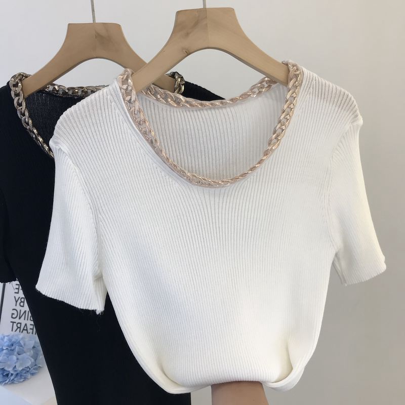 2021 New small fragrant wind design sensation small crowblin handmade nail bead V collar knit white short sleeve T-shirt female summer