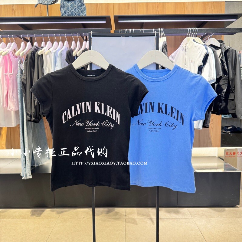 Ck Jeans Genuine Product from the Store, 2026 Spring/Summer New Women's Slim-Fit Hot Girl Round Neck Short-Sleeve T-Shirt 47F815G