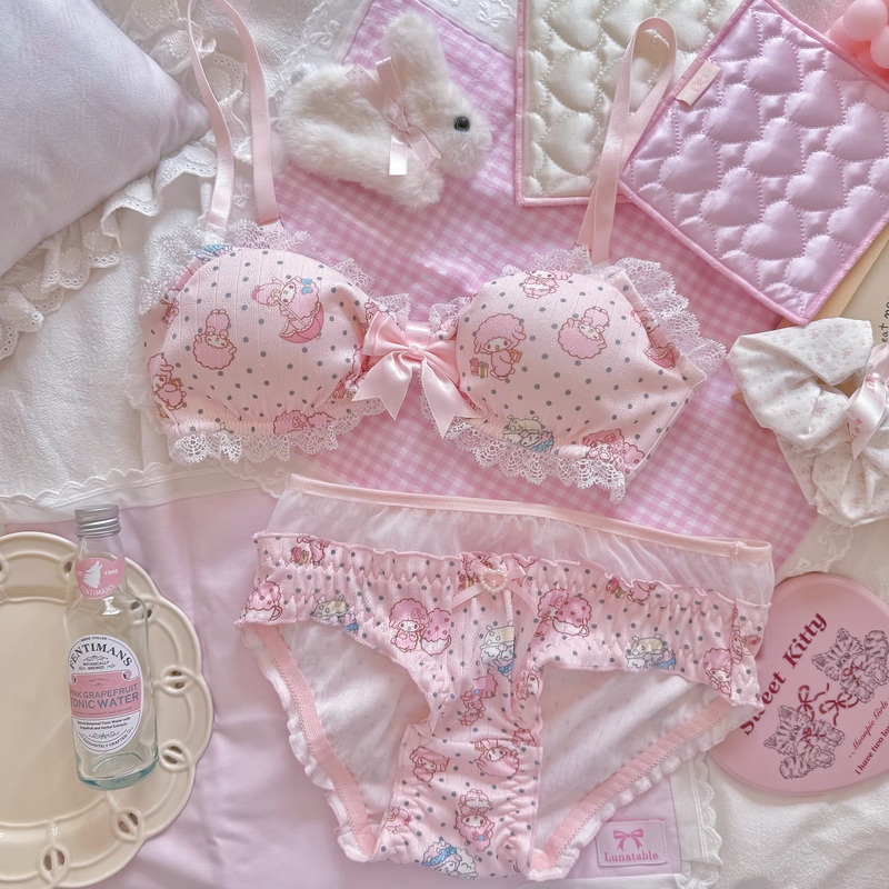 Lamb Afternoon Tea~ Japanese-Style Sweet Girl Bra Set with Bow Lace, Cute Wireless Thin Underwear