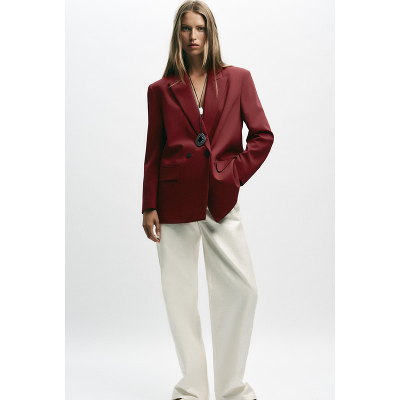 Z Autumn New Collection Women's Versatile Casual Loose Double-Breasted Blazer Burgundy Suit Jacket 2753122