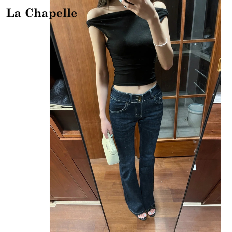 La Chapelle American-Style Low-Waisted Flared Jeans for Women, Summer Thin Stretchy Slim-Fit Floor-Length Bootcut Pants
