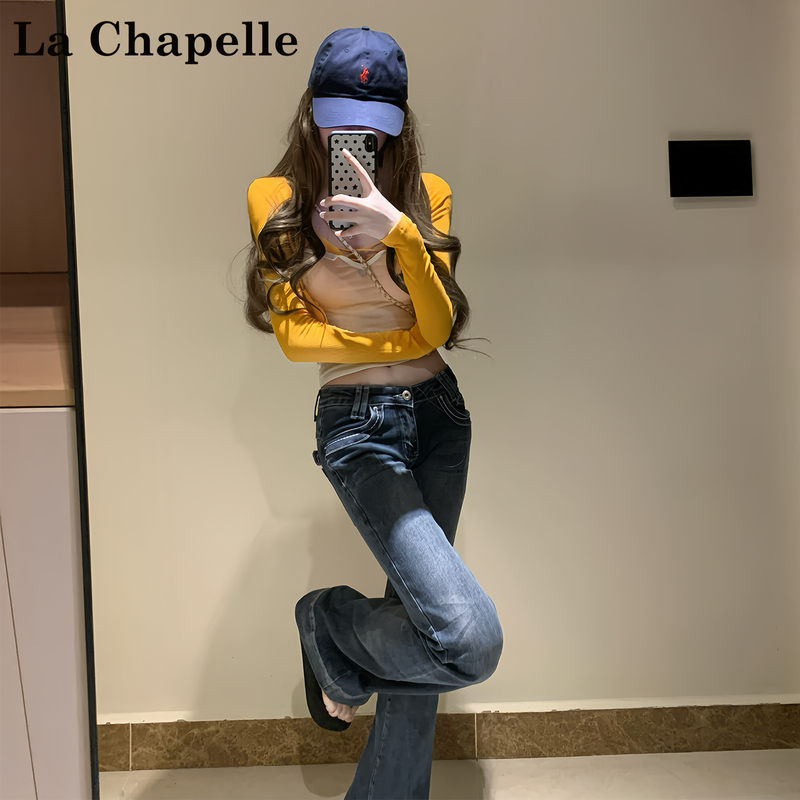 La Chapelle American-Style Spicy Girl Flared Jeans for Women, New Summer Low-Waist Elastic Non-Tight Slimming Bell-Bottom Pants