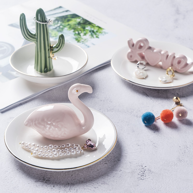 Cactus ceramic jewelry rack Flamingo ring plate Makeup table storage plate Bathroom ornaments jewelry tray Nordic