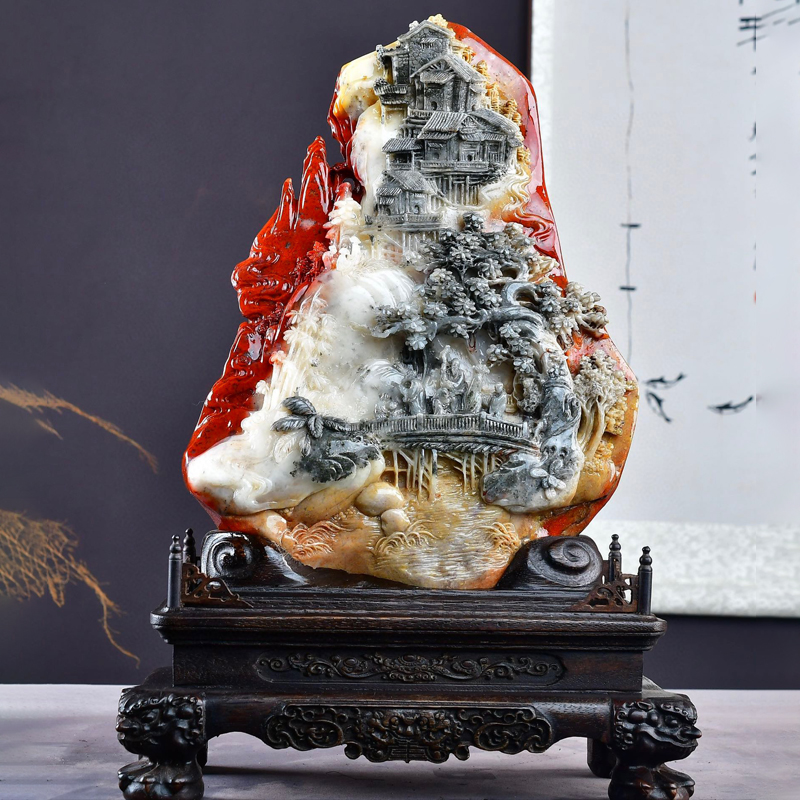 Fine Shoushan stone ornaments put pieces of seal fine carving stone carving chicken blood stone jade living room Zhao Cai town house hibiscus stone