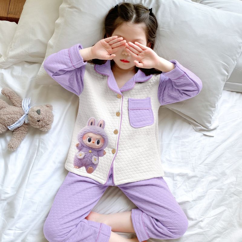 Labubu Girls' Pure Cotton Pajamas Children's All-Cotton Loungewear Autumn and Winter Girls' Thickened Warm Layered Cardigan Cartoon