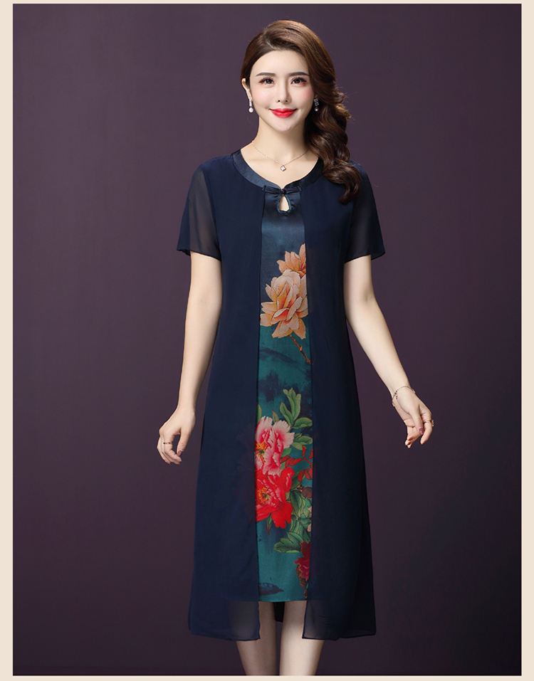 Tên lớn giải phóng mặt bằng váy lụa nữ mùa hè giả hai mảnh kích thước lớn kích thước lớn tuổi trung niên mẹ lụa tơ tằm - Quần áo của mẹ váy đẹp tuổi trung niên