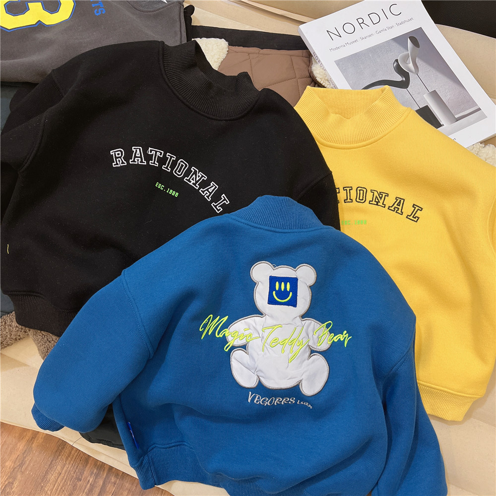 Boys' fleece sweater children's winter wear all-in-one velvet half turtleneck blue top Korean style children's baby bottoming shirt trend