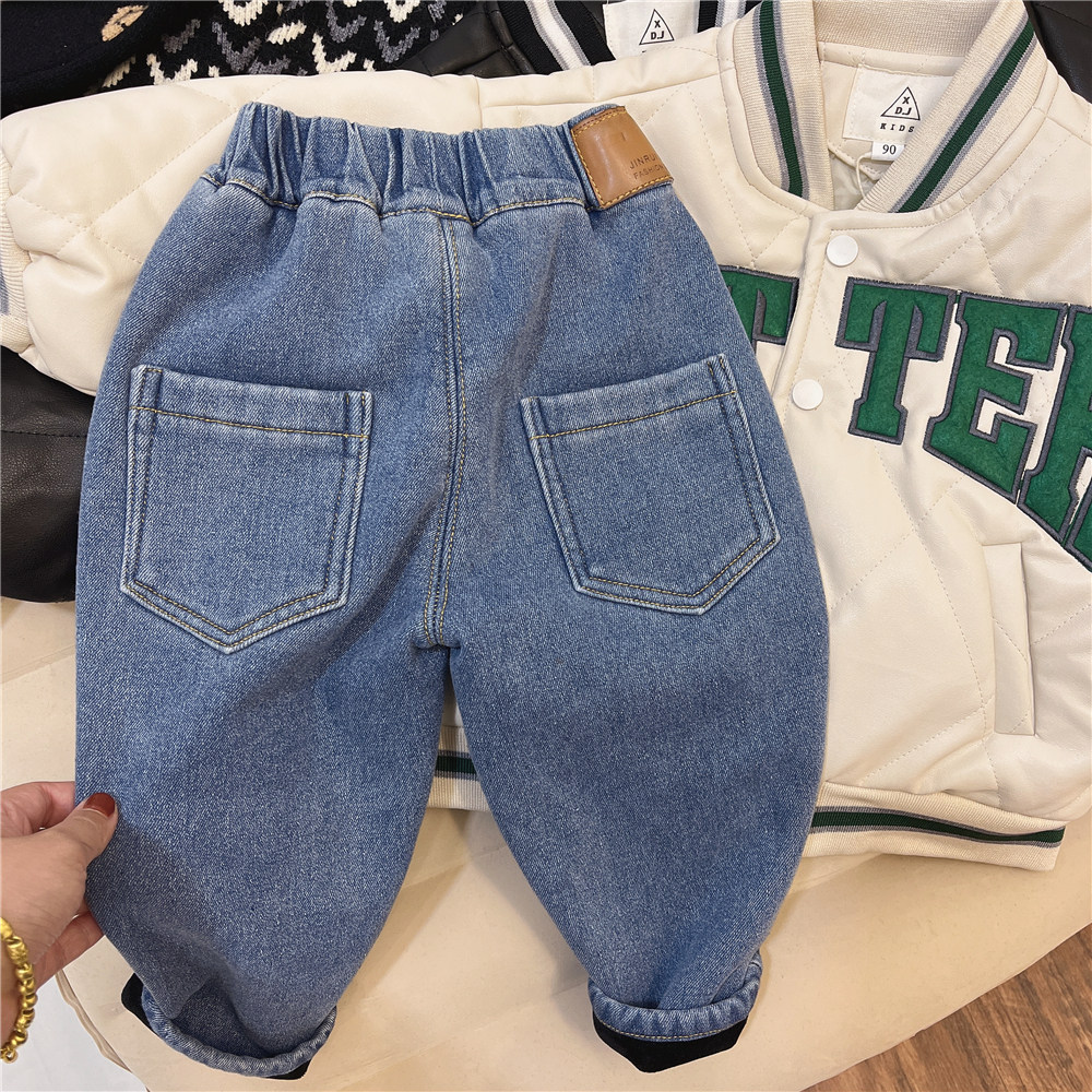 Boys' fleece jeans children's winter pants 2022 new Korean style solid color children's thickened trousers