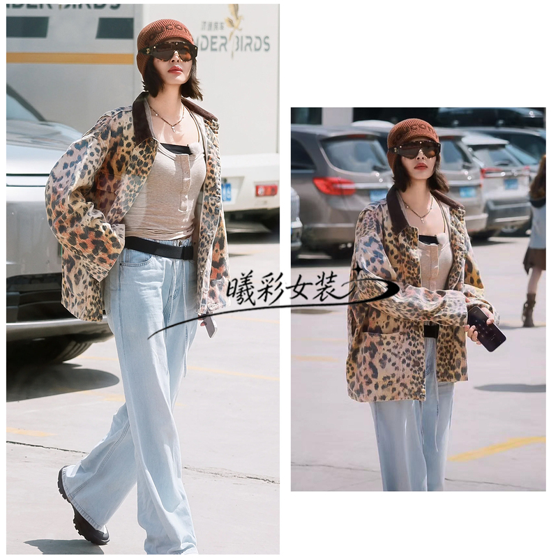 Xiangye's Xin Zhilei-Style Leopard Print Denim Jacket for Women, Spring and Autumn American Retro Petite Jacket Top