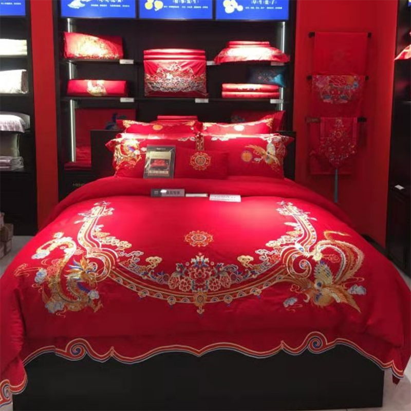 Mengjie home textile dragon and phoenix wedding kit cotton embroidery eight-piece set to send quilt core pillow core shopping mall with the same style