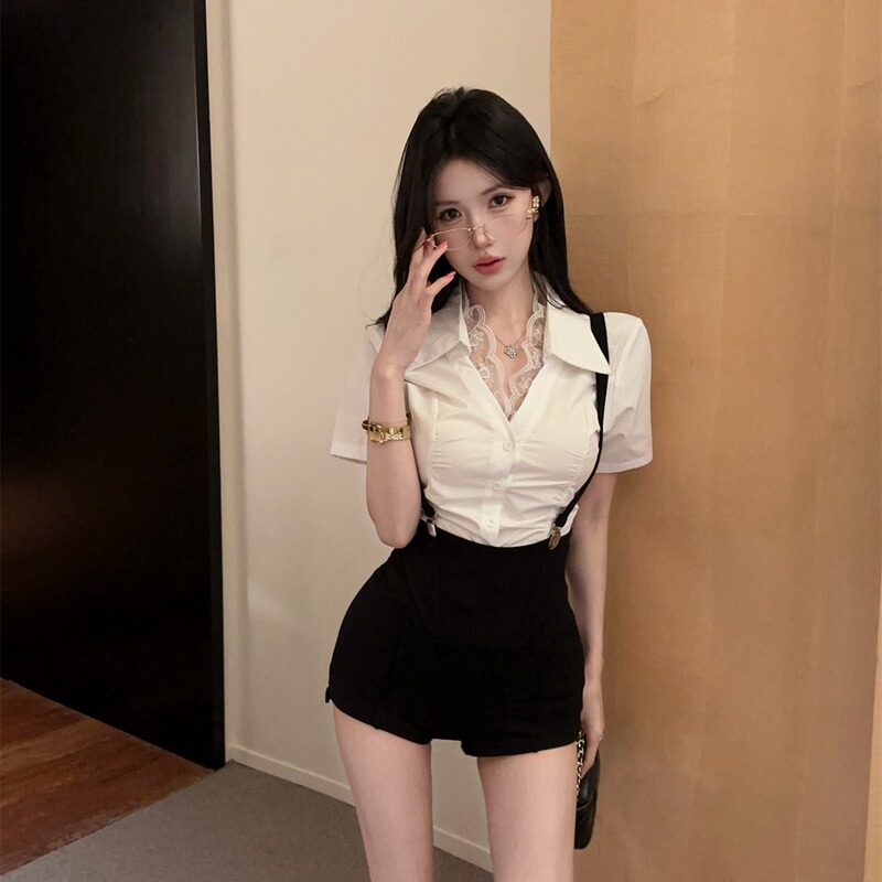 2026 Summer New Style Pure Desire Style Slim Fit V Neck Lace Patchwork Shirt Feminine White Short-Sleeved Waist-Cinching Top 2026 Summer New Style Pure Desire Style Slim Fit V Neck Lace Patchwork Shirt Feminine White Short-Sleeved Waist-Cinching Top