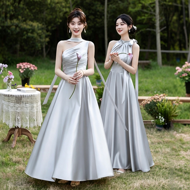 Satin Bridesmaid Dress 2026 New Style Gray High-End Niche Sister Group Dress Host Banquet Evening Dress