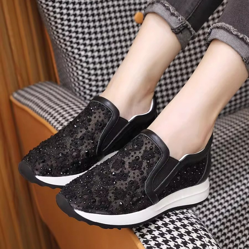 Same Style as the Store'S, Casual, Comfortable, Versatile, Genuine Leather, Mesh, Lace, Rhinestone, Mid-Heel, Non-Slip Women's Shoes, Breathable Sneakers