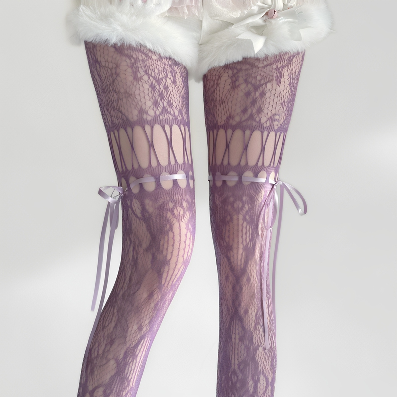 Millennial Style Sexy Purple Lace Hollow-Out Tie Fishnet Pantyhose Women's Ultra-Thin Patterned Black Stockings Fishnet Stockings