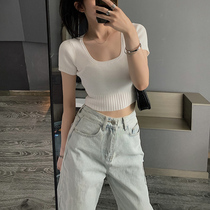 Jing Ye Ice Silk short sleeve knitwear womens short square collar pullover waist high waist thin tight sexy navel top