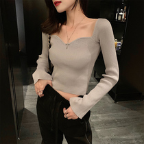 Crystal Lord Retro Short long sleeves Knitted Sweatshirt Woman Autumn Winter New sweaters Leaky Collarbone Sweater Jersey Jacket