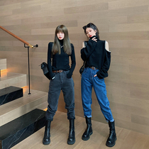 (1 piece 8 fold 2 pieces 7 fold 3 pieces 6 fold) plus velvet jeans womens straight tube loose high waist slim nine-point pipe pants