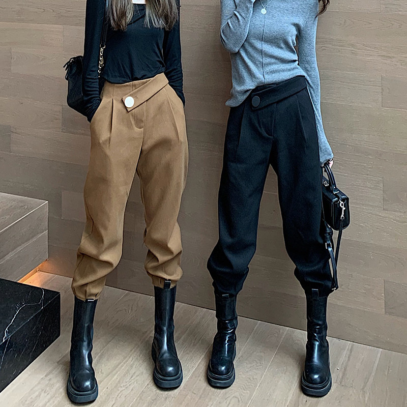 Crystal pants in spring and autumn 2022 new loose high waist and thin cork foot nine points of Harlem wool dress pants