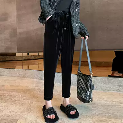 Qiao Meixi autumn clothing high-end velvet Haren pants pregnant women slim small feet loose nine-point straight tube grandma Luobu pants Han