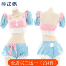 Powder Blue Plush Kitty Sleepwear Suit Sexy Maid Dress Sleeping Dress Cute Lingerie Hair Furry Family