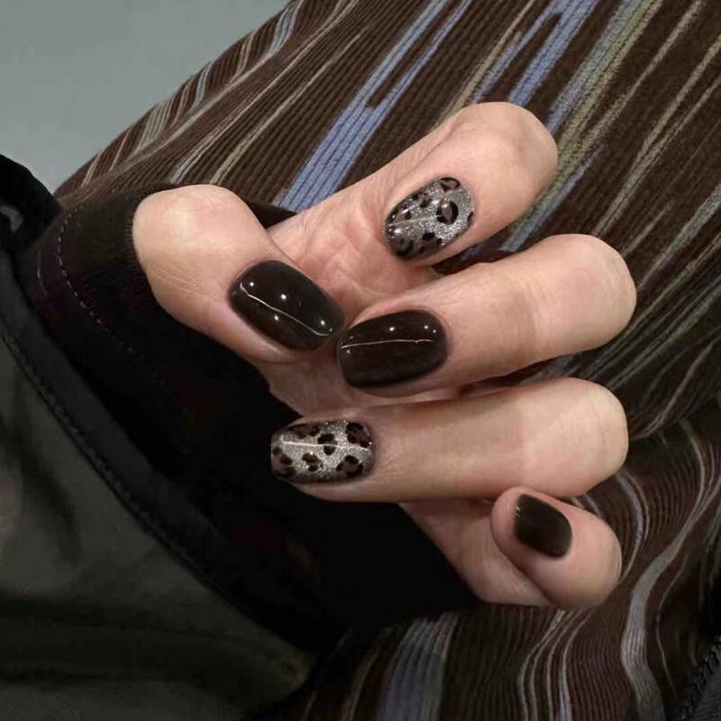 Handmade Whitening Press-On Nails, Early Autumn Trendy Leopard Print Cat-Eye Nail Art Finished Product, Short Amber Fake Nails, Long-Lasting