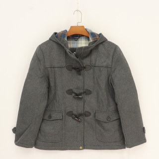Lined blue and gray plaid pocket hooded jacket with claw buttons
