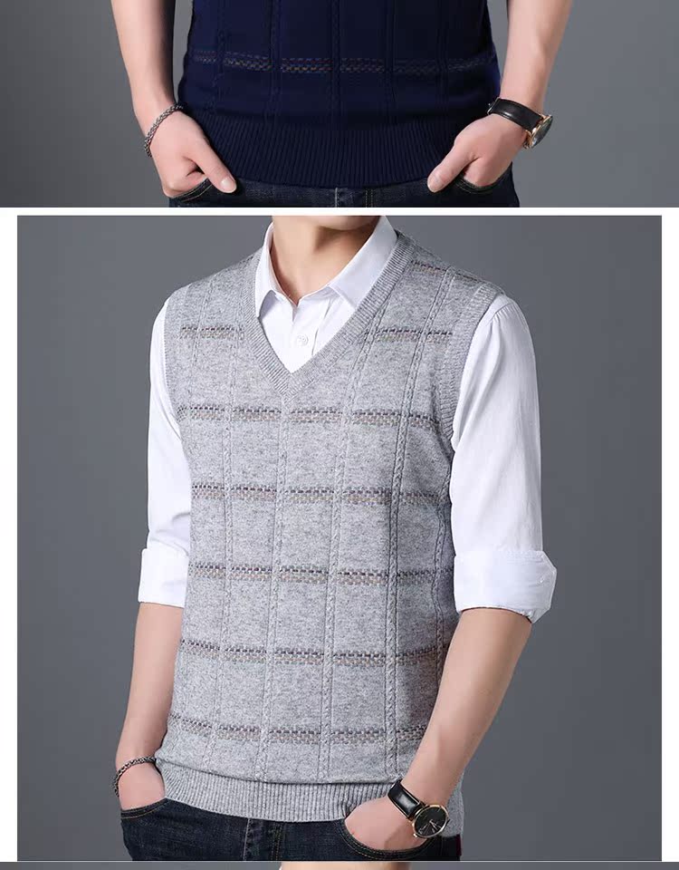 Mùa thu đông cổ áo len cổ chữ V nam không tay áo len cổ áo vai công sở giản dị áo len ấm áp vest nam cao cấp